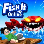 Fish It Online 3D fishing gameplay with an angler casting from a colorful island shore
