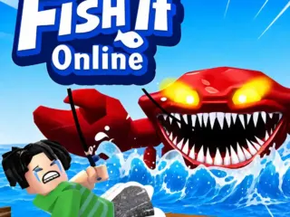 Fish It Online 3D fishing gameplay with an angler casting from a colorful island shore