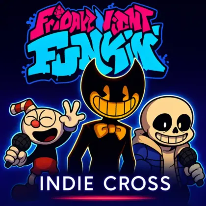 Featured Image ALT: Boyfriend battles Cuphead, Sans, and Bendy in the FNF Vs Indie Cross rhythm mod
