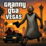 Granny GTA Vegas character aiming a gun at masked enemies on neon-lit city streets
