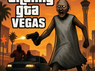 Granny GTA Vegas character aiming a gun at masked enemies on neon-lit city streets