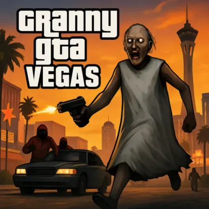 Granny GTA Vegas character aiming a gun at masked enemies on neon-lit city streets