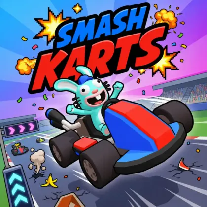 Smash Karts multiplayer battle with colorful karts and explosive weapons in a 3D arena
