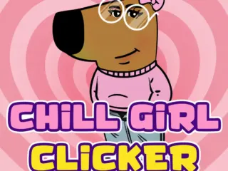 Chill Girl Clicker character in a pink sweater with idle game upgrades and a pastel background