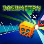 Dashmetry rhythm platformer with a geometric icon avoiding obstacles
