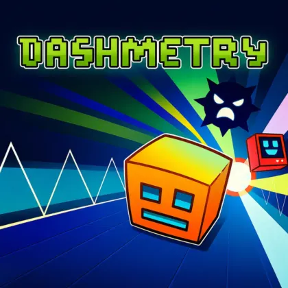 Dashmetry rhythm platformer with a geometric icon avoiding obstacles