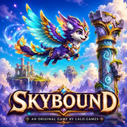 Magical winged creature flying through enchanted ruins in Skybound, an original game by Lalo Games