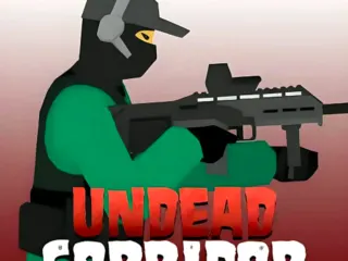 Undead Corridor survivor shooting zombies inside a dark blood-covered hallway