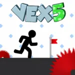 Stickman jumping over spikes and saw blades in the Vex 5 parkour game
