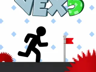Stickman jumping over spikes and saw blades in the Vex 5 parkour game