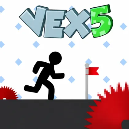 Stickman jumping over spikes and saw blades in the Vex 5 parkour game