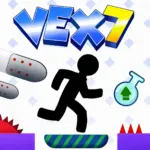 Vex 7 stickman jumping over spikes in a laser-filled parkour level