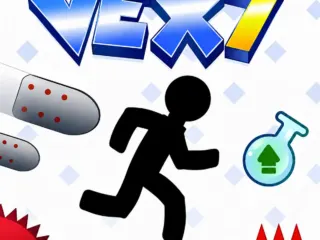 Vex 7 stickman jumping over spikes in a laser-filled parkour level