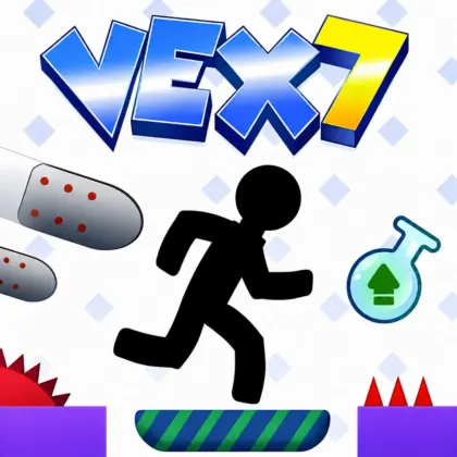 Vex 7 stickman jumping over spikes in a laser-filled parkour level