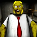 Granny Sponge Bob holding a wooden club inside a creepy house