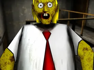 Granny Sponge Bob holding a wooden club inside a creepy house