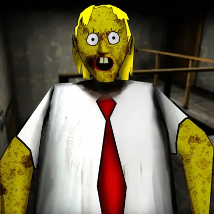 Granny Sponge Bob holding a wooden club inside a creepy house