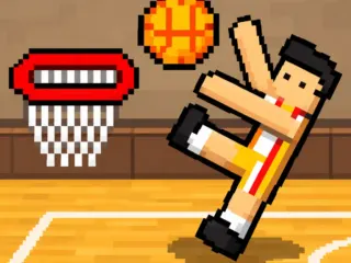 Basket Random unblocked game showing a pixel basketball player attempting a funny shot near the hoop.
