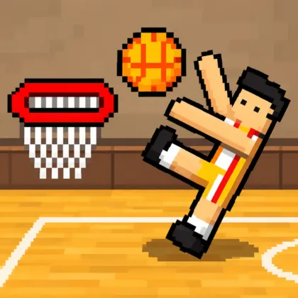 Basket Random unblocked game showing a pixel basketball player attempting a funny shot near the hoop.