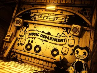 Bendy and the Ink Machine unblocked game featuring Bendy inside a dark vintage Music Department.