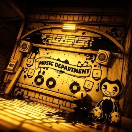 Bendy and the Ink Machine unblocked game featuring Bendy inside a dark vintage Music Department.