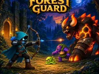 Hooded archer defending a fortress gate from fantasy monsters in Late Gate Archer Defense
