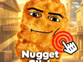 Funny Omega Nugget character collecting golden nuggets in the Nugget Clicker online game