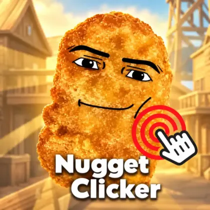 Funny Omega Nugget character collecting golden nuggets in the Nugget Clicker online game