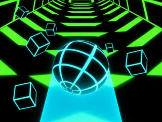 Unblocked game featuring a glowing cyan ball racing through a neon green tunnel