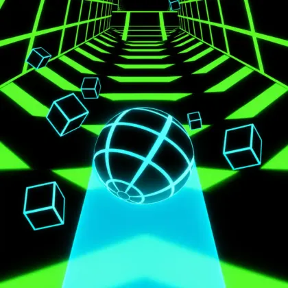 Unblocked game featuring a glowing cyan ball racing through a neon green tunnel