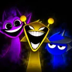 Sprunki Phase 4 unblocked game featuring three colorful horror-music characters against a dark background.