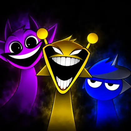 Sprunki Phase 4 unblocked game featuring three colorful horror-music characters against a dark background.