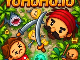 Pirates battling beside scattered gold coins on the YoHoHo.io island