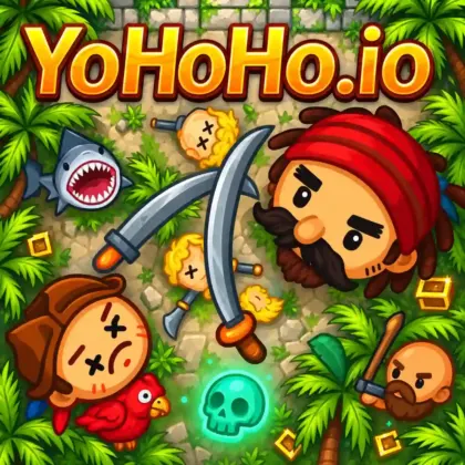 Pirates battling beside scattered gold coins on the YoHoHo.io island