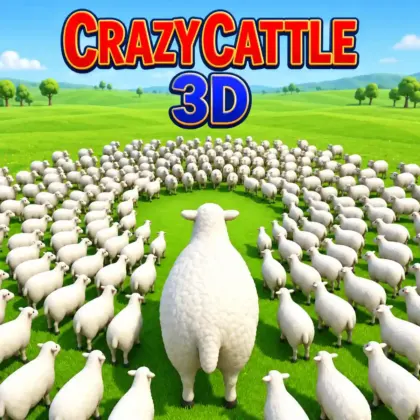 Crazy Cattle 3D unblocked game featuring a large sheep surrounded by a chaotic circular flock.