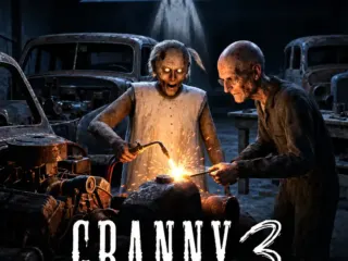 Granny 3 unblocked horror game featuring Granny and Grandpa inside a dark abandoned garage.